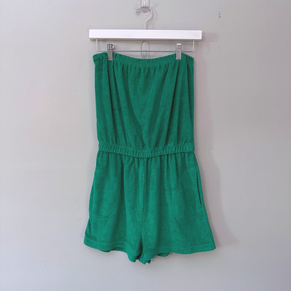 Vintage Women's L  80s 90s Teal Green Terry Cloth Tube Top Shorts Romper
